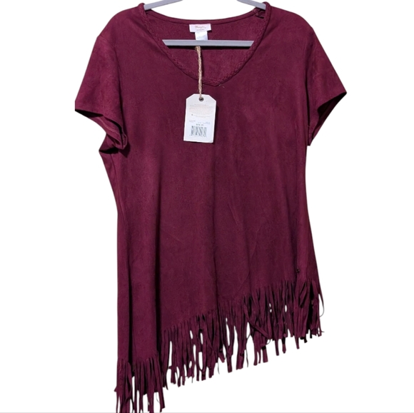NWT Wrangler throw-back retro faux suede cranberry fringed hi-low v-neck top XL - Picture 1 of 5